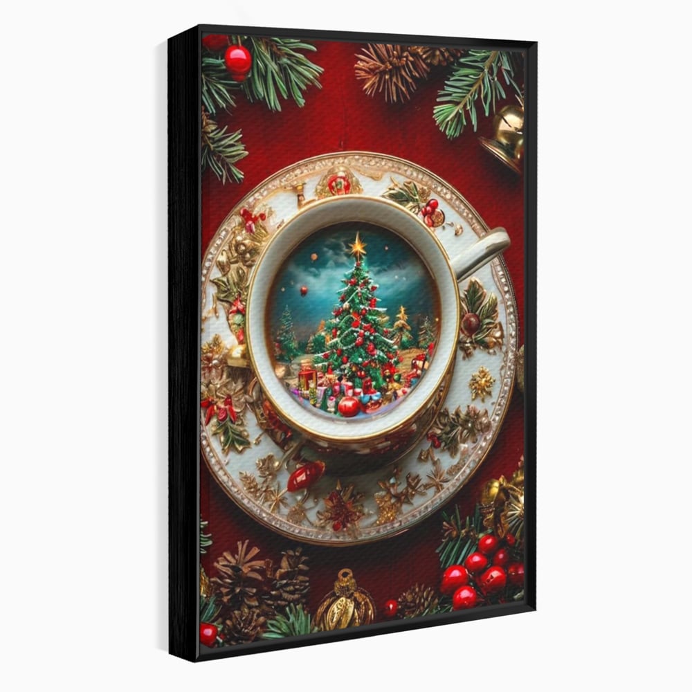 Tablou canvas cu miniatura cu brad de craciun in ceasca, in rama de aluminiu negru